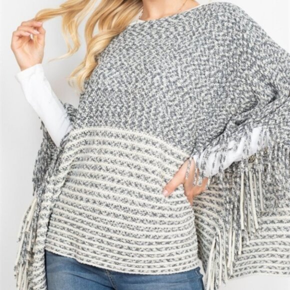 BOHO KNITTED TWO TONE STRIPED FRINGE PONCHO - Picture 1 of 6